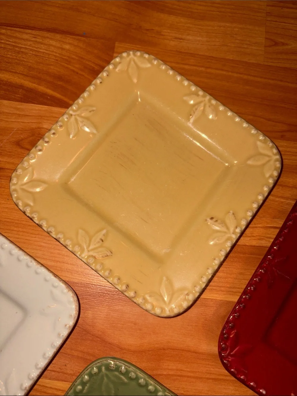 Square Ceramic Dessert Plate Set in Red, Green, Yellow & Cream - Home Dining